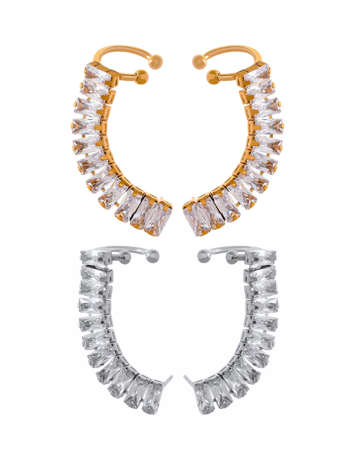 Elly Earring & Cuff luxury 18K‑gold‑plated stainless steel set by Shine With Me, front view of both pieces-Pair of hoop earrings with gold and silver finishes on a white background