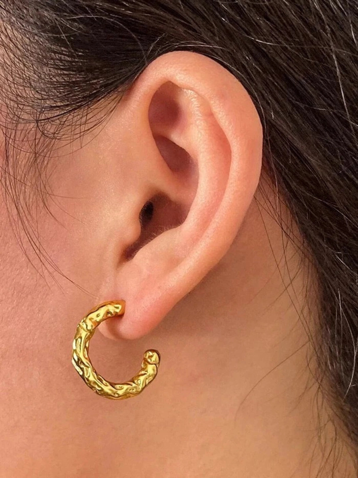 Elara Hoop Earring worn on ear — 18K gold‑plated stainless steel hoop (20 mm, 6.5 g) by Shine With Me, styled look.