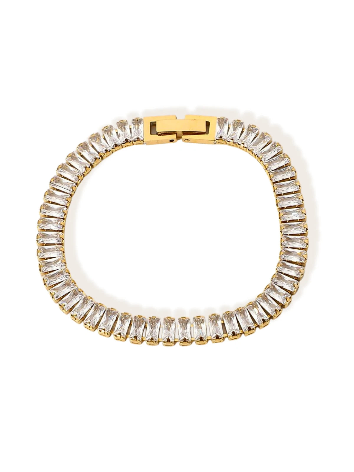 Elly Bracelet luxury 18K gold-plated stainless steel bracelet by Shine With Me, front view. Gold bracelet with clear gemstones on a white background