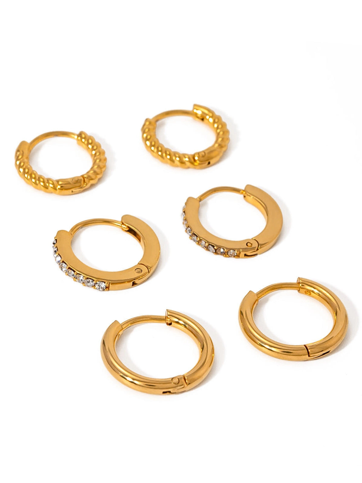 Everyday Grace Hoops Set luxury 18K gold‑plated stainless steel hoop set by Shine With Me, front view of all included pairs