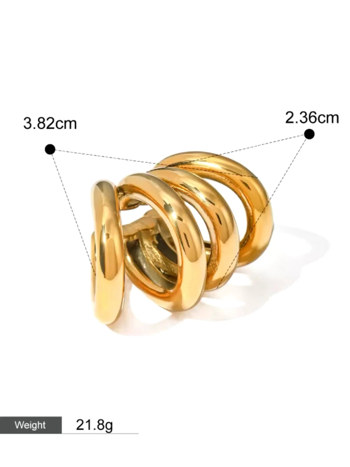 Faye Ear Cuff – Gold spiral earring with measurements on a white background