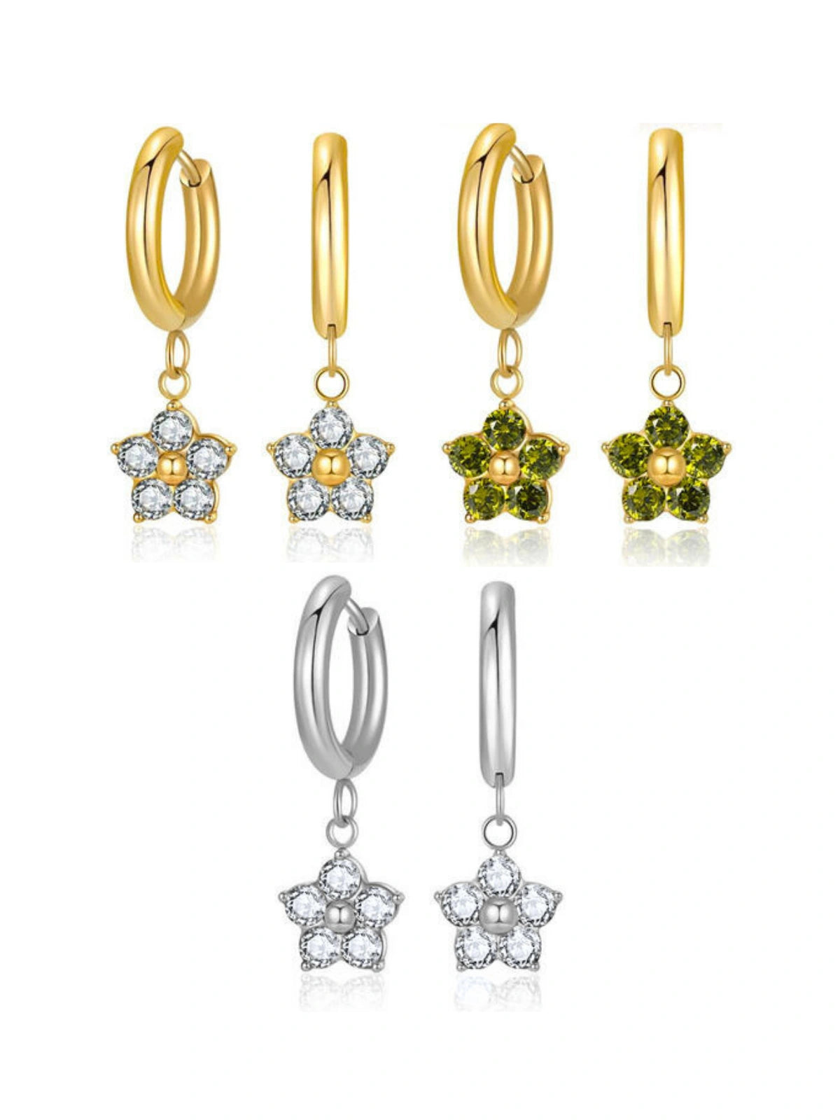 Freya Earring – Colour Variants (Gold & Clear / Gold & Green)- Set of gold and silver hoop earrings with star-shaped pendants on a white background