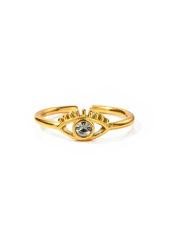 Golden Eye Charm Ring A gold-colored charm ring with a cubic zirconia eye design on a white background
