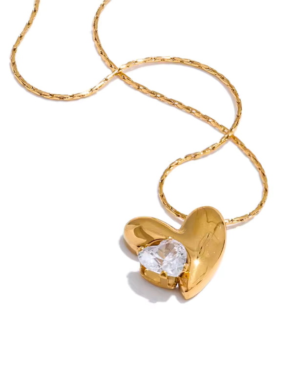 Have My Heart Necklace luxury 18K gold-plated stainless steel heart pendant with cubic zirconia by Shine With Me, front view.