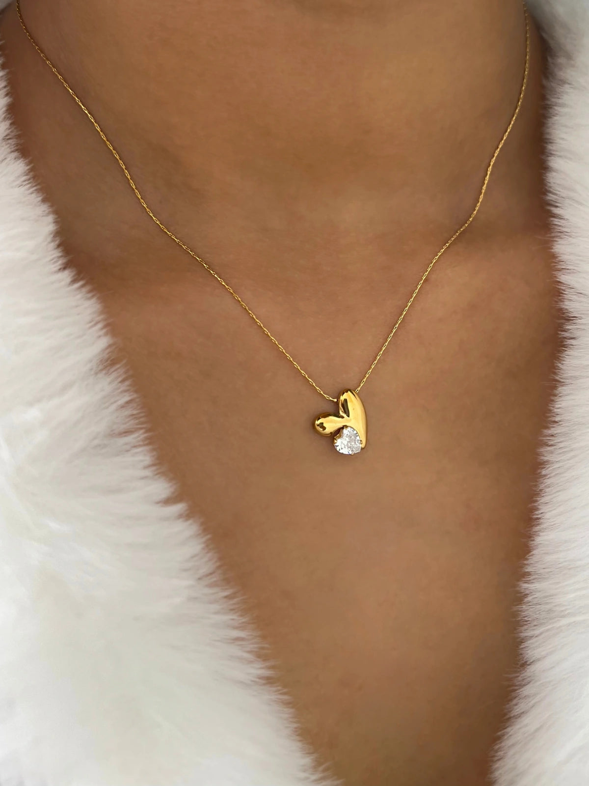 Have My Heart Necklace worn around neck — 18K gold-plated stainless steel by Shine With Me, chain length 41 cm + 5 cm extender.