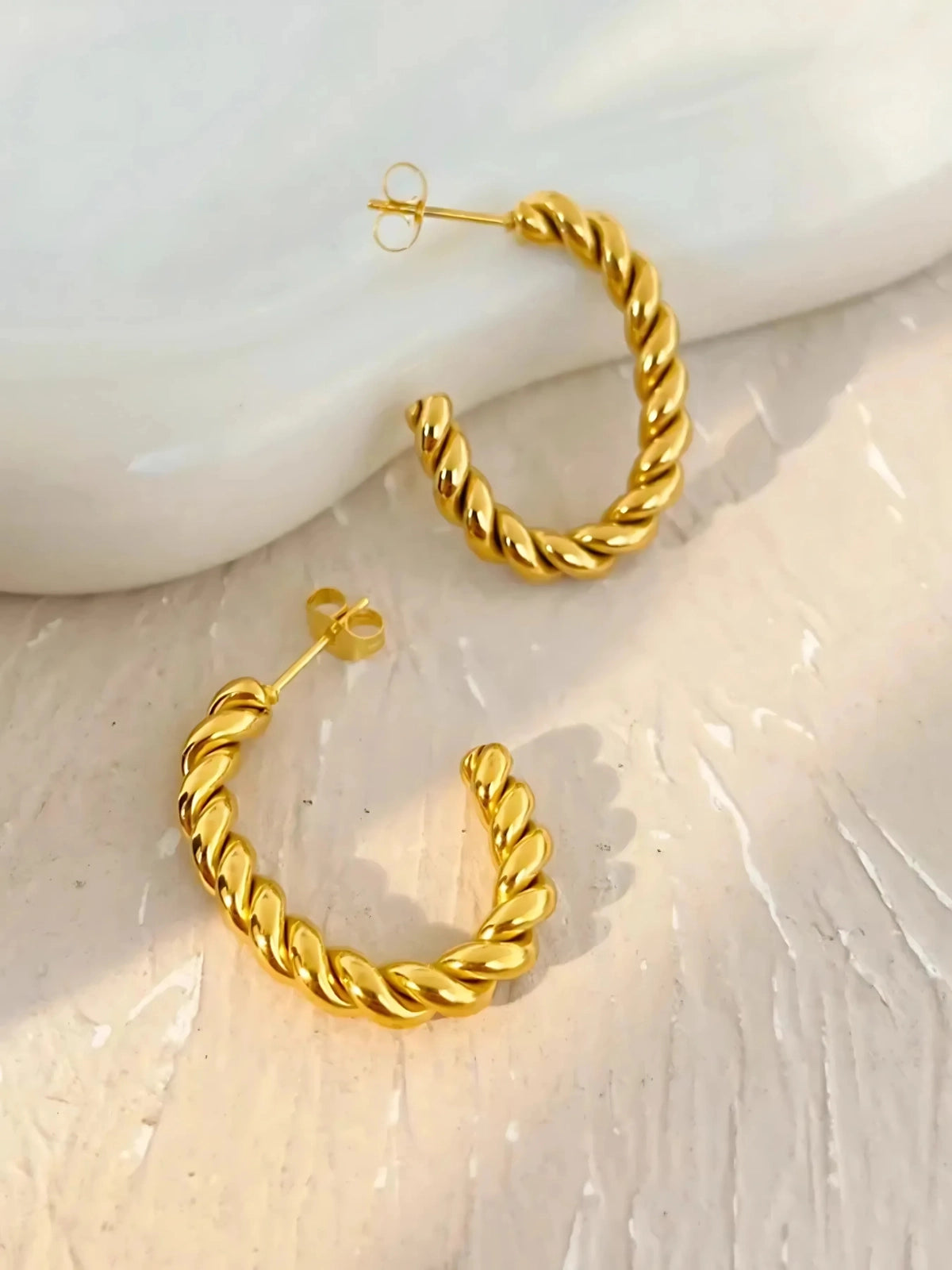 Close‑up of Helen Hoop Earring by Shine With Me showing the 18K gold plating, stainless steel base, and fine craftsmanship
