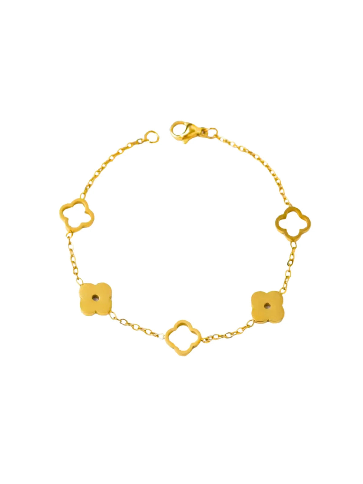Lily Clover Necklace & Bracelet set – Front View Gold bracelet with square and clover-shaped charms on a white background