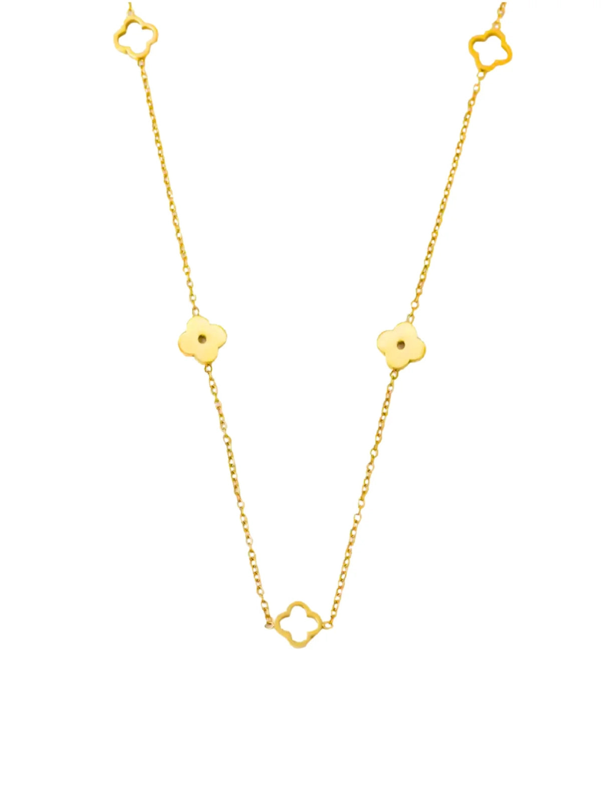 Lily Clover Necklace & Bracelet Set -Gold necklace with geometric pendants on a white background