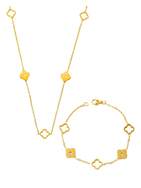 Lily Clover Necklace & Bracelet set luxury gold-plated by Shine With Me, front view showing matching clover design and polished finish.