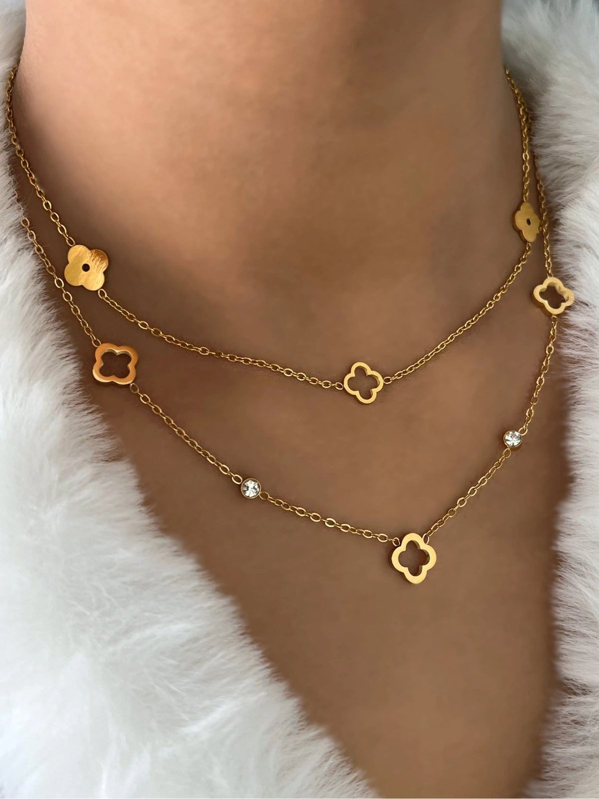 Lily Clover Necklace & Bracelet set worn on model — gold-plated stainless steel jewellery by Shine With Me, clover motif and modern elegance