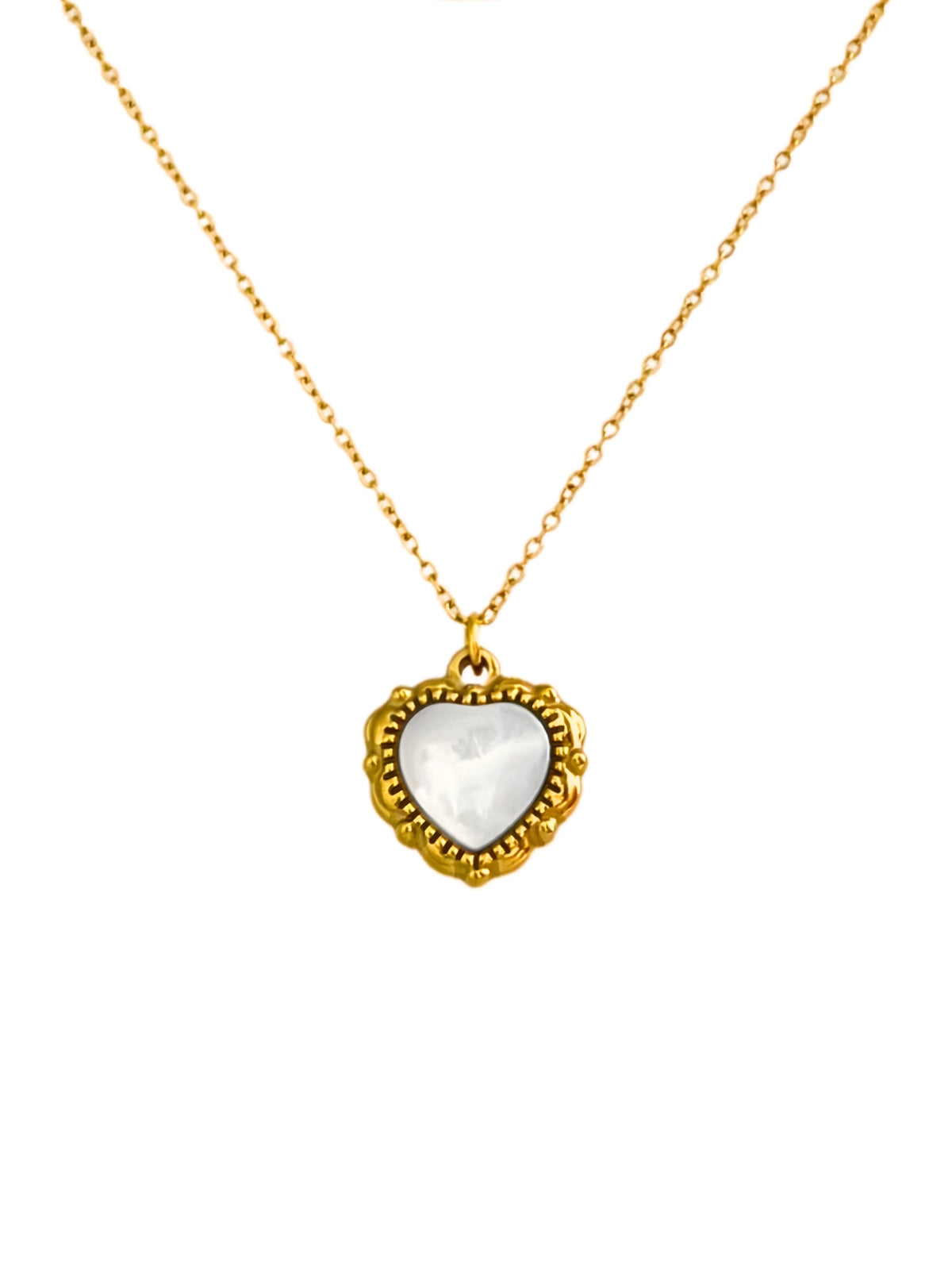 Lorena Chain – Front View-Gold necklace with a heart-shaped pendant on a white background