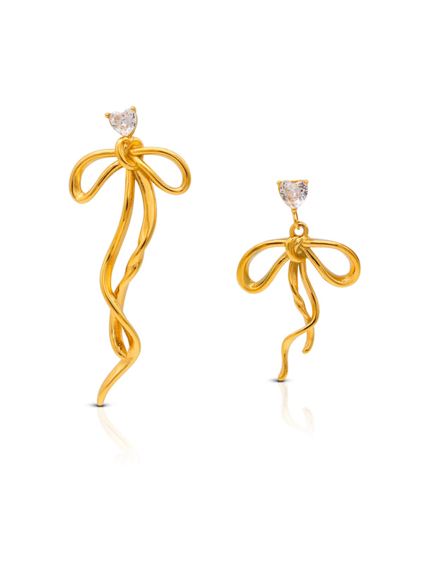 Lovella Bow Earring luxury 18K gold‑plated stainless steel by Shine With Me, front view of pink bow design.