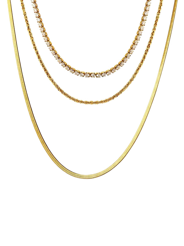 Luna Three Layer Necklace luxury 18K gold-plated stainless steel by Shine With Me, showing all three chain lengths.