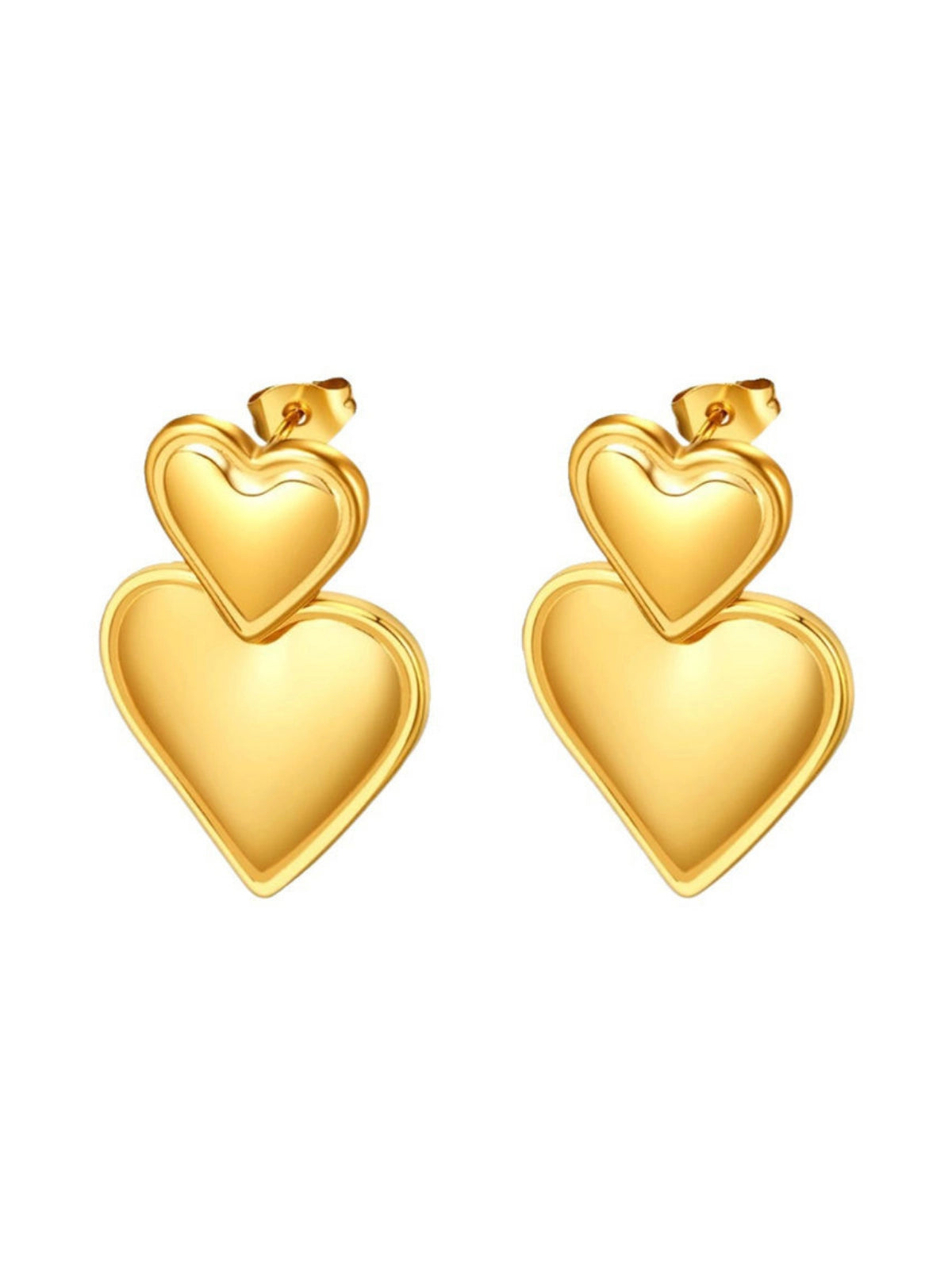Lunara Double Heart Earring luxury 18K gold‑plated stainless steel by Shine With Me, front view showing double‑heart motif-Gold heart-shaped earrings on a white background