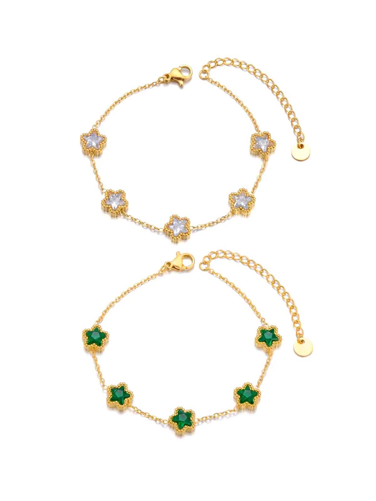 Lunetta Bracelet by Shine With Me displayed in both Green and Clear variants — 18K gold-plated stainless steel with adjustable chain