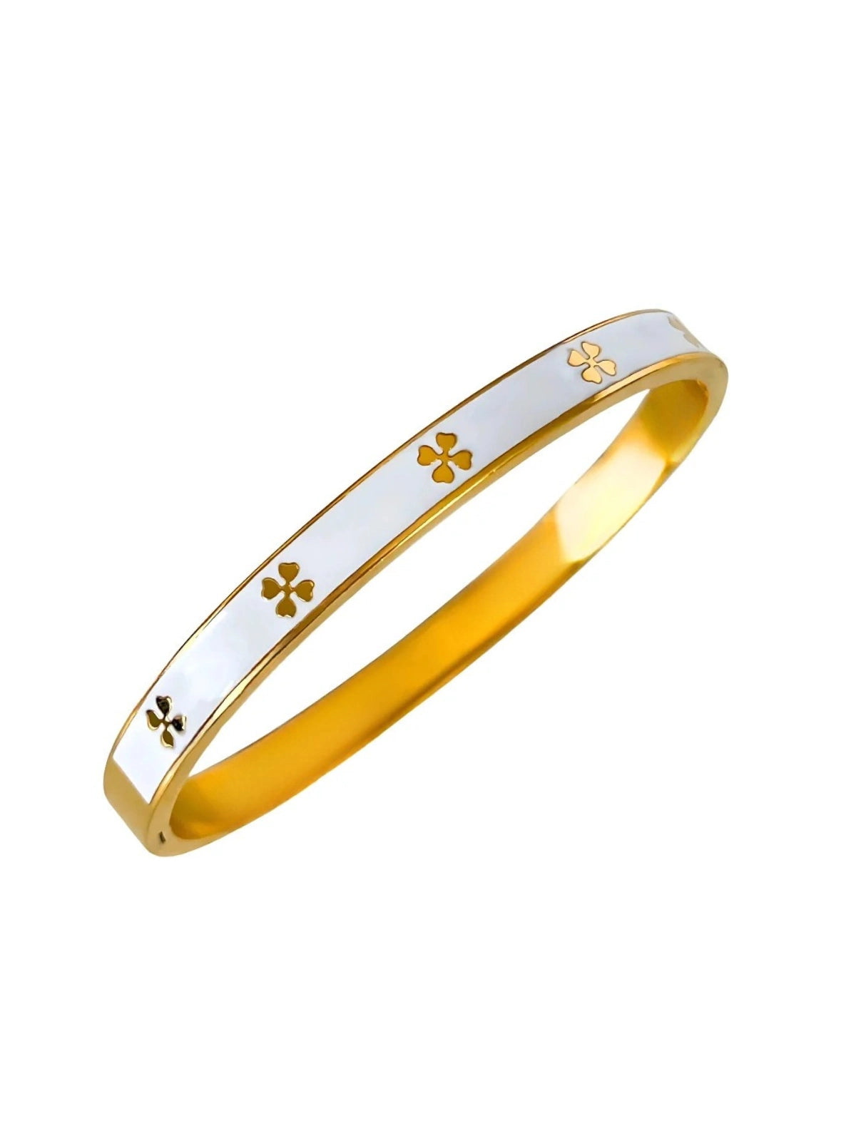 Lunissa Bangle luxury gold-plated bracelet by Shine With Me, front view with polished finish and sleek design. Gold and white bracelet with clover designs on a white background