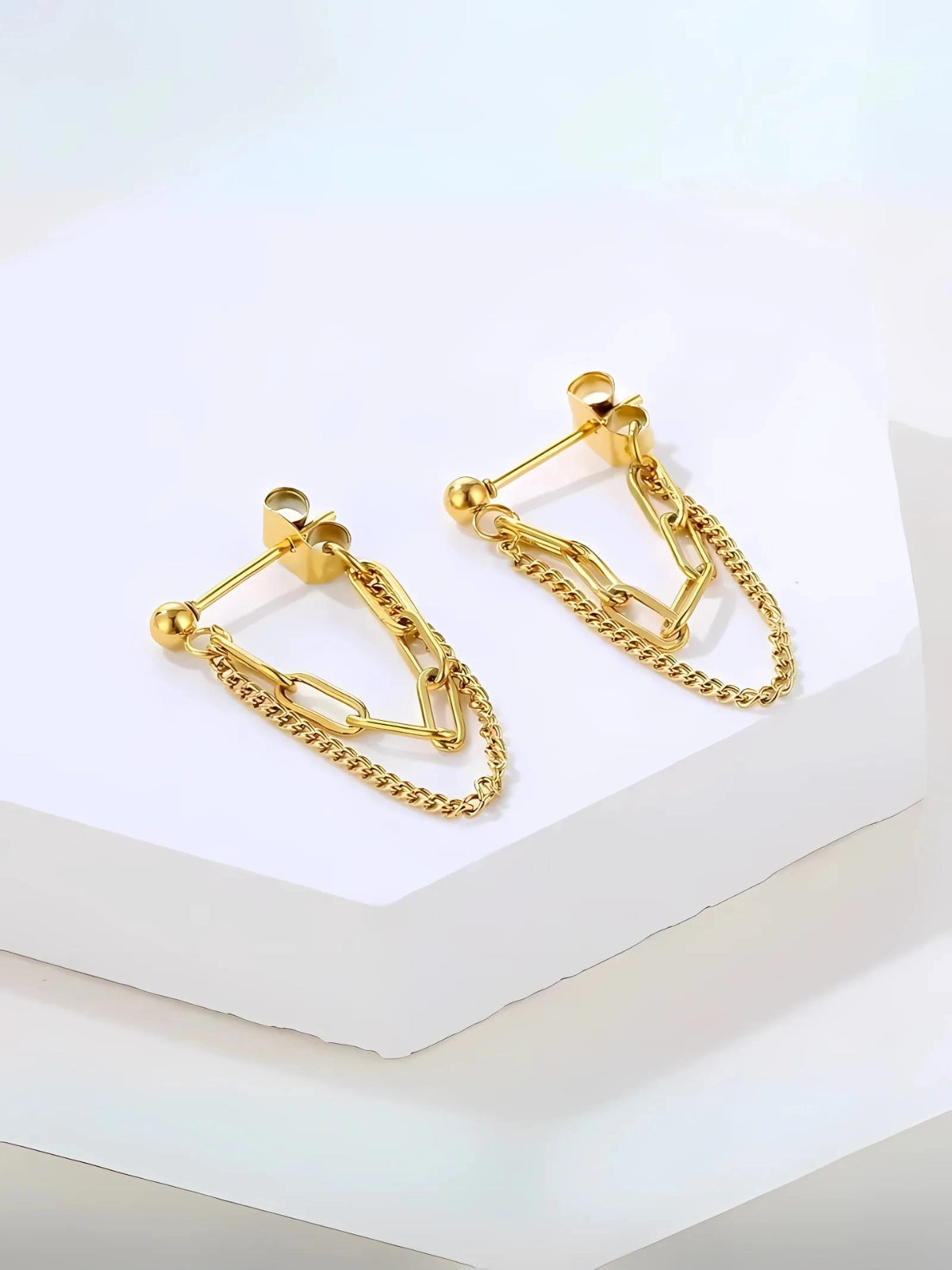 Lyra Chain Earrings by Shine With Me side‑angle view — chain‑drop style, 18K gold‑plated stainless steel, water‑resistant & tarnish‑free.