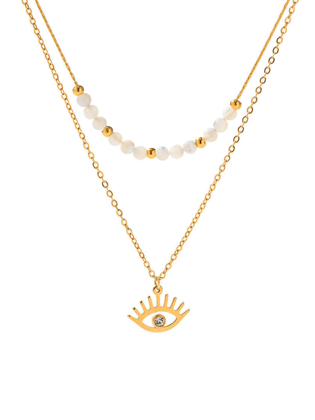 Lume Eye Necklace luxury 18K gold-plated stainless steel by Shine With Me, front view showing eye-pendant size 12 mm.