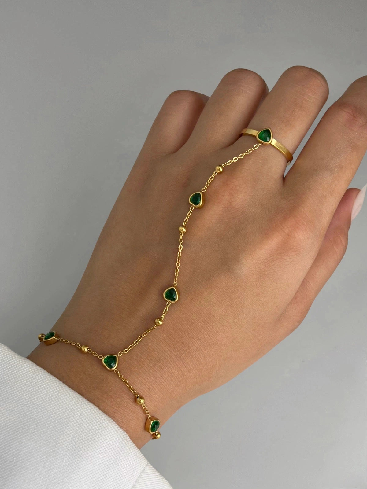 Miranda Hand Harness worn on hand — gold-plated stainless steel by Shine With Me, stylish hand harness for modern elegance.