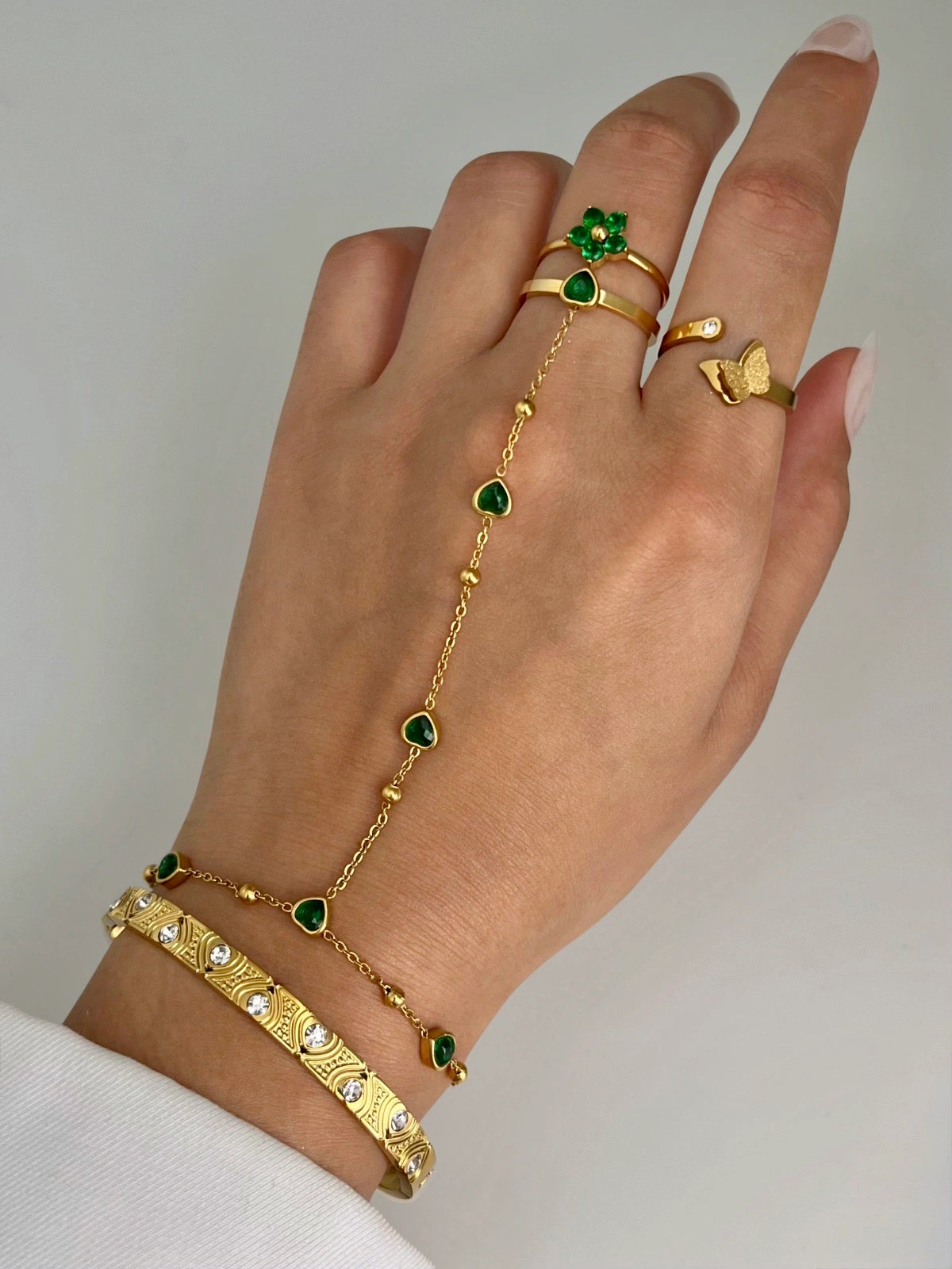 Miranda Hand Harness styled with other accessories by Shine With Me — gold-plated hand harness layered look, modern minimal elegance.