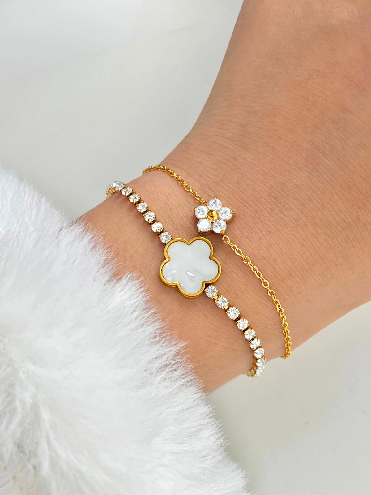 Mirena Bracelet worn on wrist — gold-plated stainless steel bracelet by Shine With Me, minimal elegance and everyday shine.