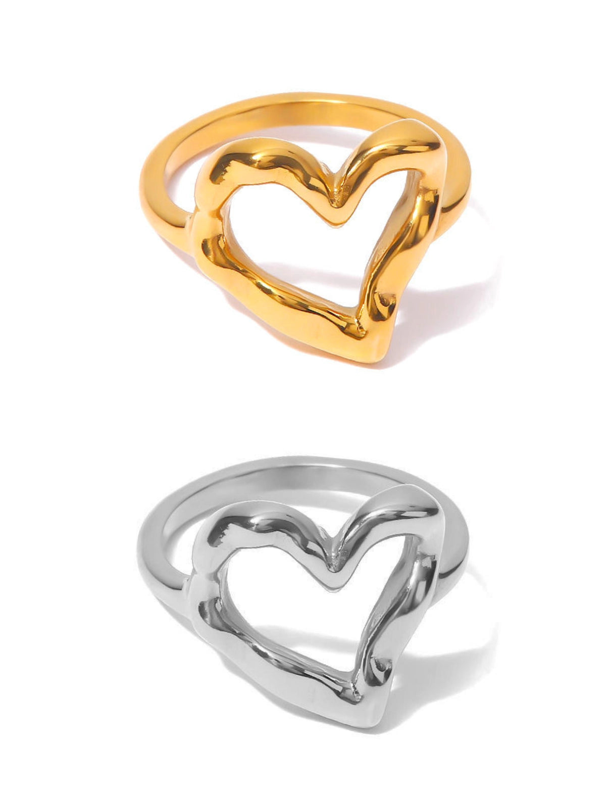 My Heart Loop Ring – Front View-Gold and silver heart-shaped rings on a white background