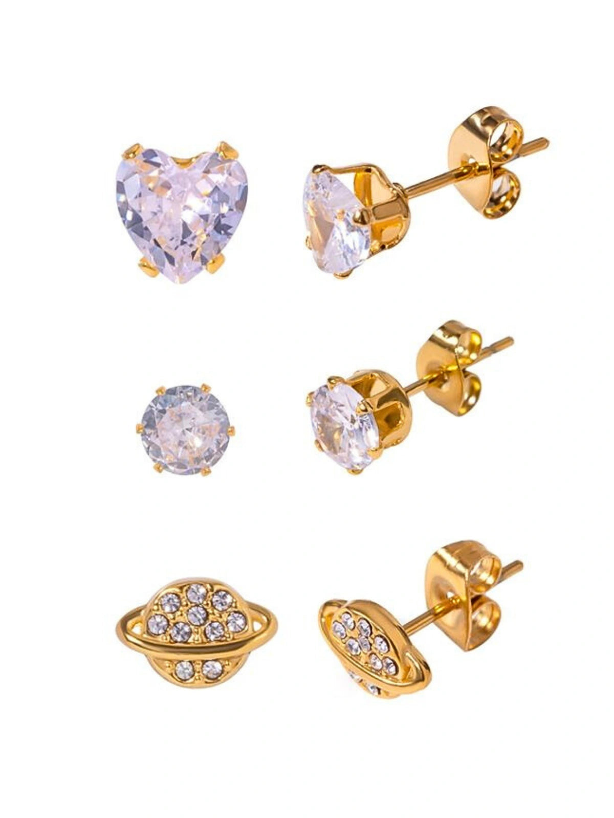 Noa Stud Earring Set by Shine With Me — 18K gold‑plated stainless steel 3‑pair stud set, front view.