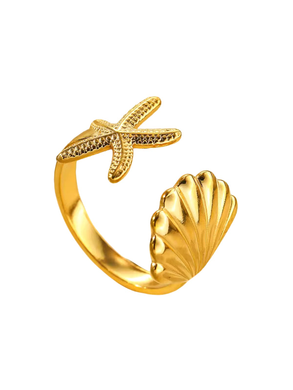 Ocean Embrace Ring A gold-colored adjustable ring with a design that includes a starfish on top and a shell-like pattern around the band.