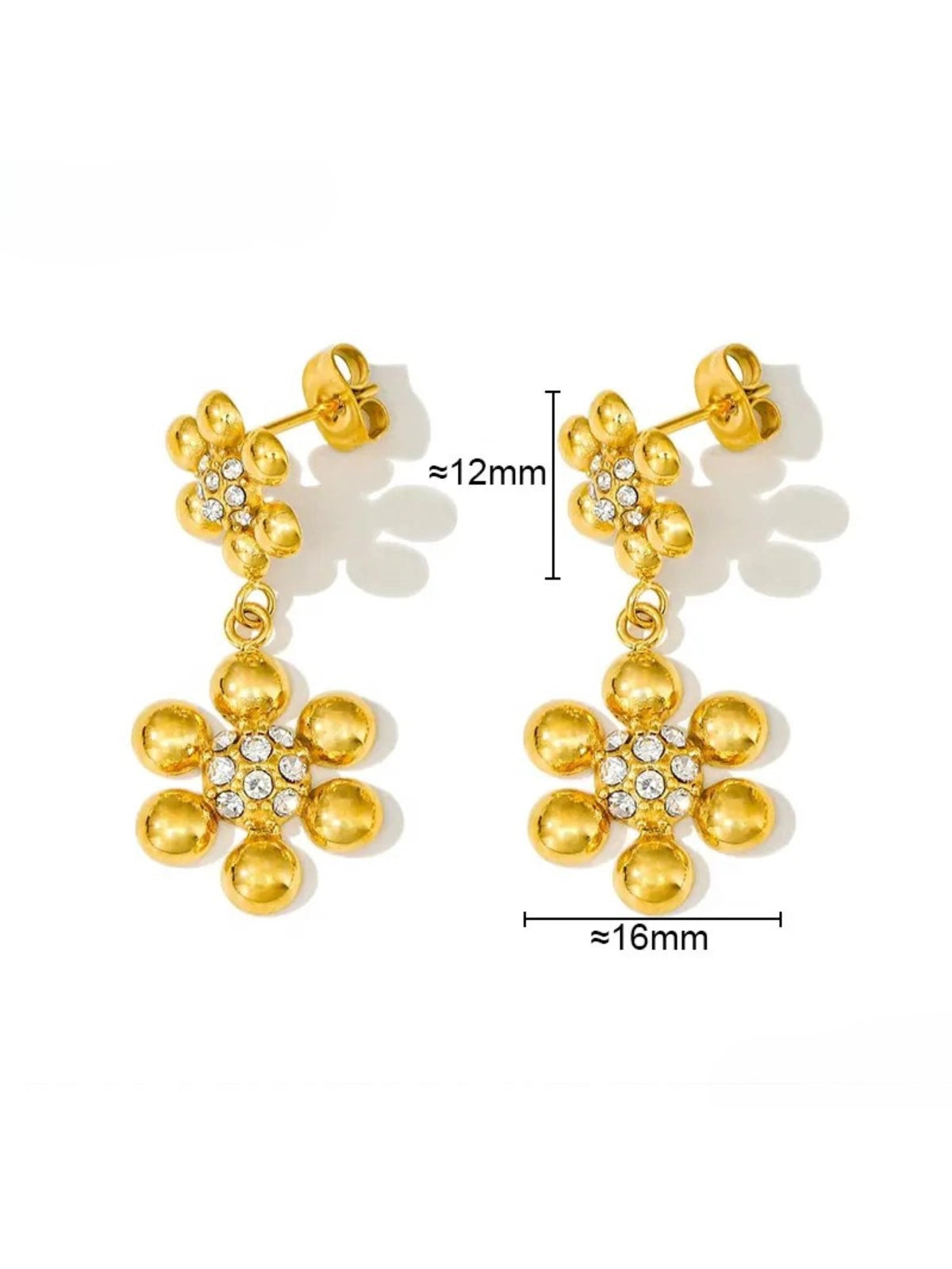 Petalia Gold Earrings side view — 18K gold-plated stainless steel earrings (33 mm) by Shine With Me showing profile detail, Gold flower-shaped earrings with measurements on a white background
