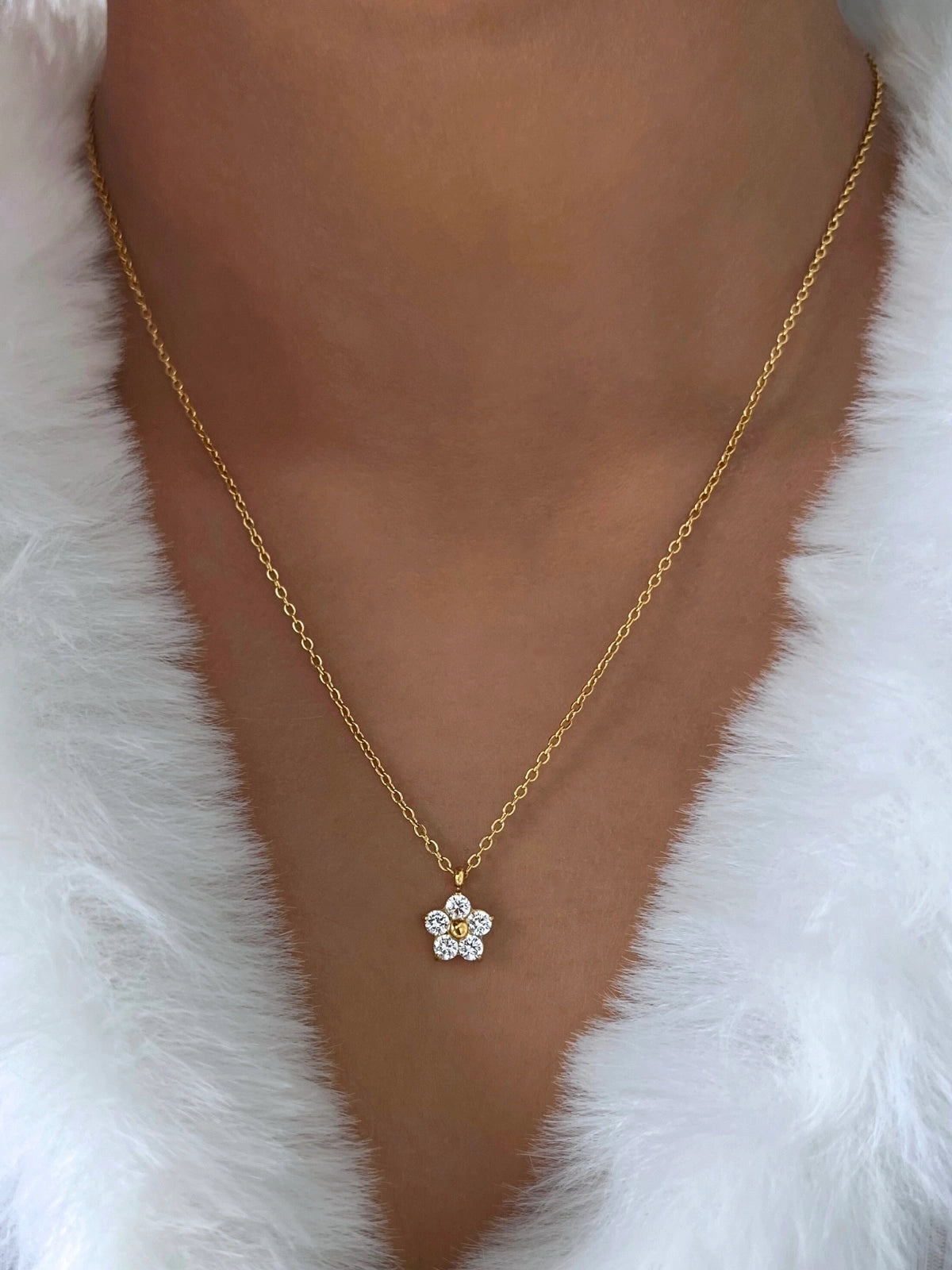 Petalia Necklace worn around neck — 18K gold-plated stainless steel chain (40 cm + 6 cm) by Shine With Me, styled look.