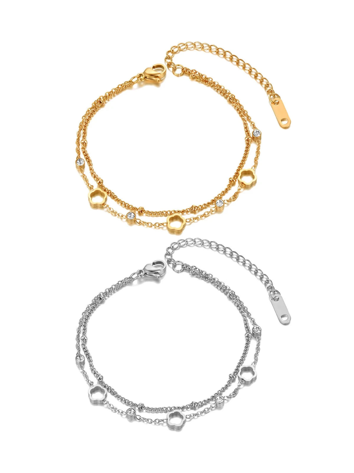 Riva Flower Bracelet by Shine With Me displayed in both Gold and Silver variants — 18K gold-plated stainless steel with floral design.