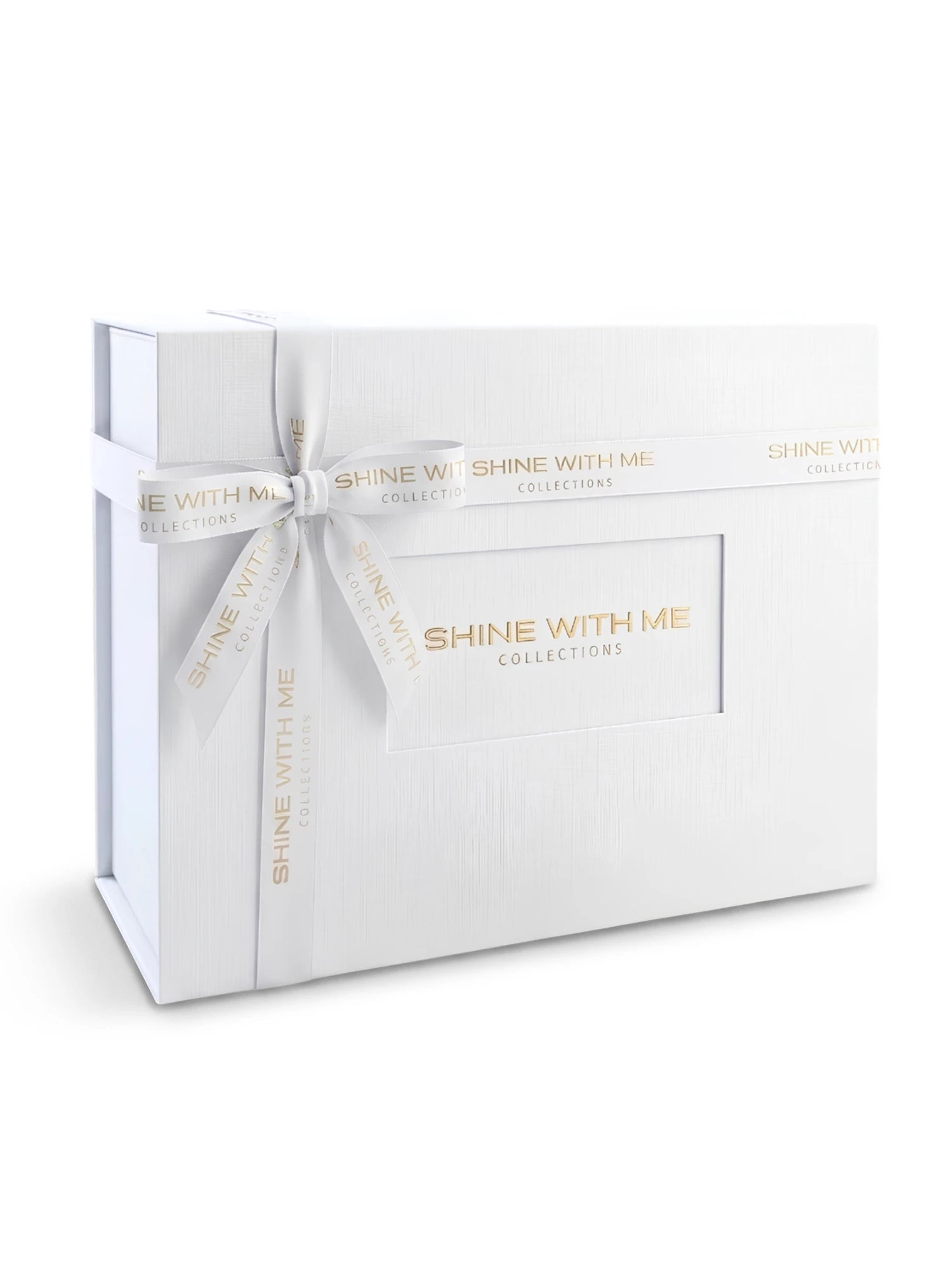 SHINE BOX 12 DEAL A white rectangular gift box from Shine With Me Collections, tied with a white satin ribbon featuring gold lettering, shown on a clean white background.