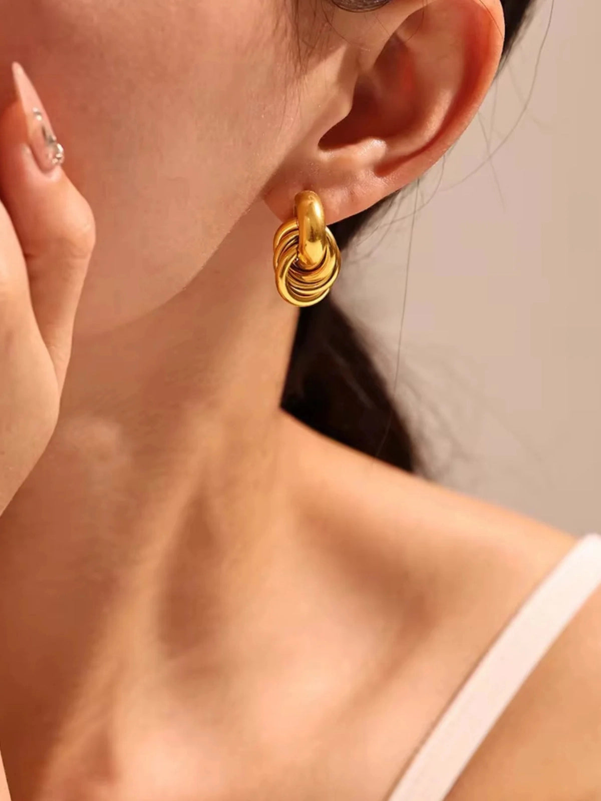 Seabryn Earring worn on ear — 18K gold-plated stainless steel by Shine With Me, styled look in Gold variant, size ~15 mm × 25 mm