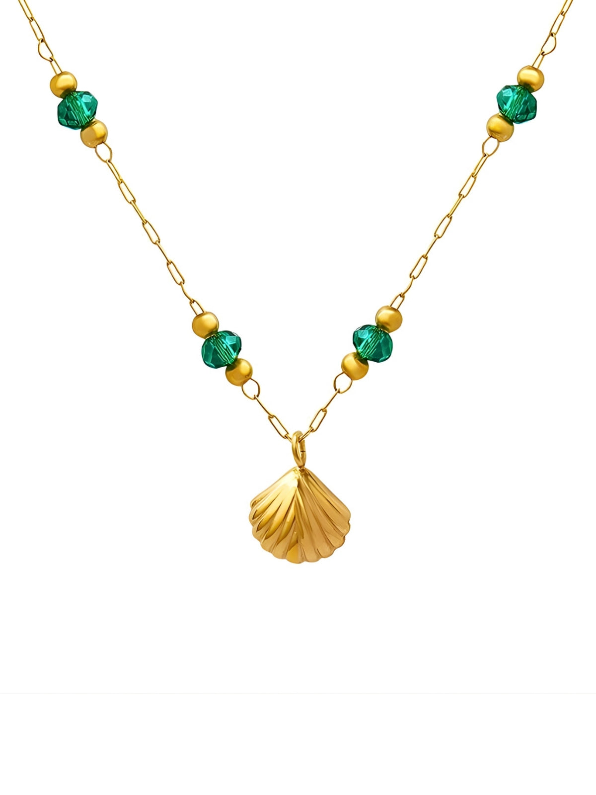 Shell Bloom Necklace luxury 18K gold‐plated stainless steel by Shine With Me, front. view with 7 mm pendant