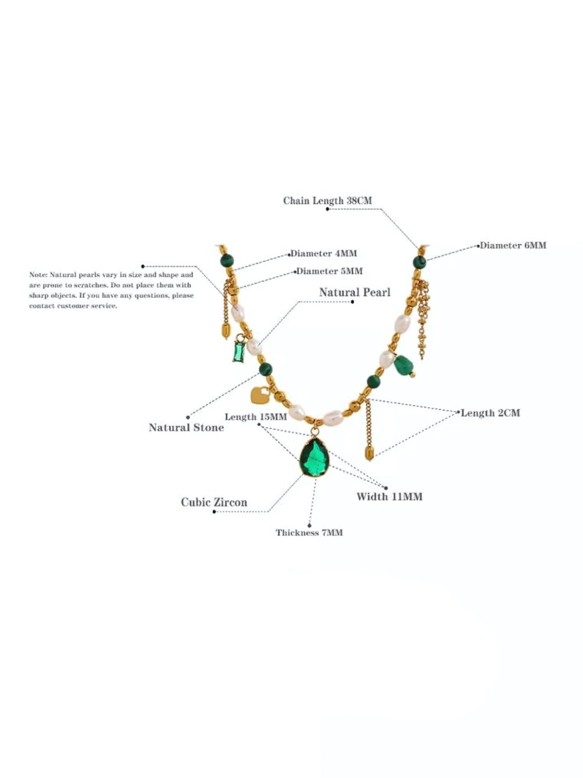 Shine With Necklace – Close‑Up Detail-Diagram of a necklace with labeled measurements on a white background