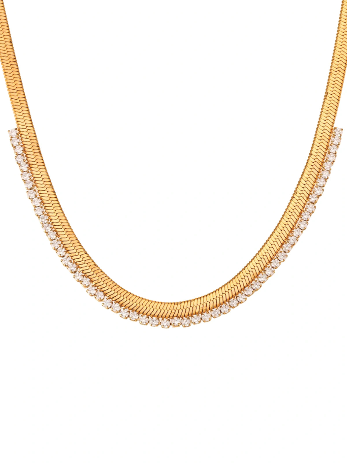 Snake Chain Necklace luxury 18K gold-plated stainless steel with cubic zirconia by Shine With Me, front view.