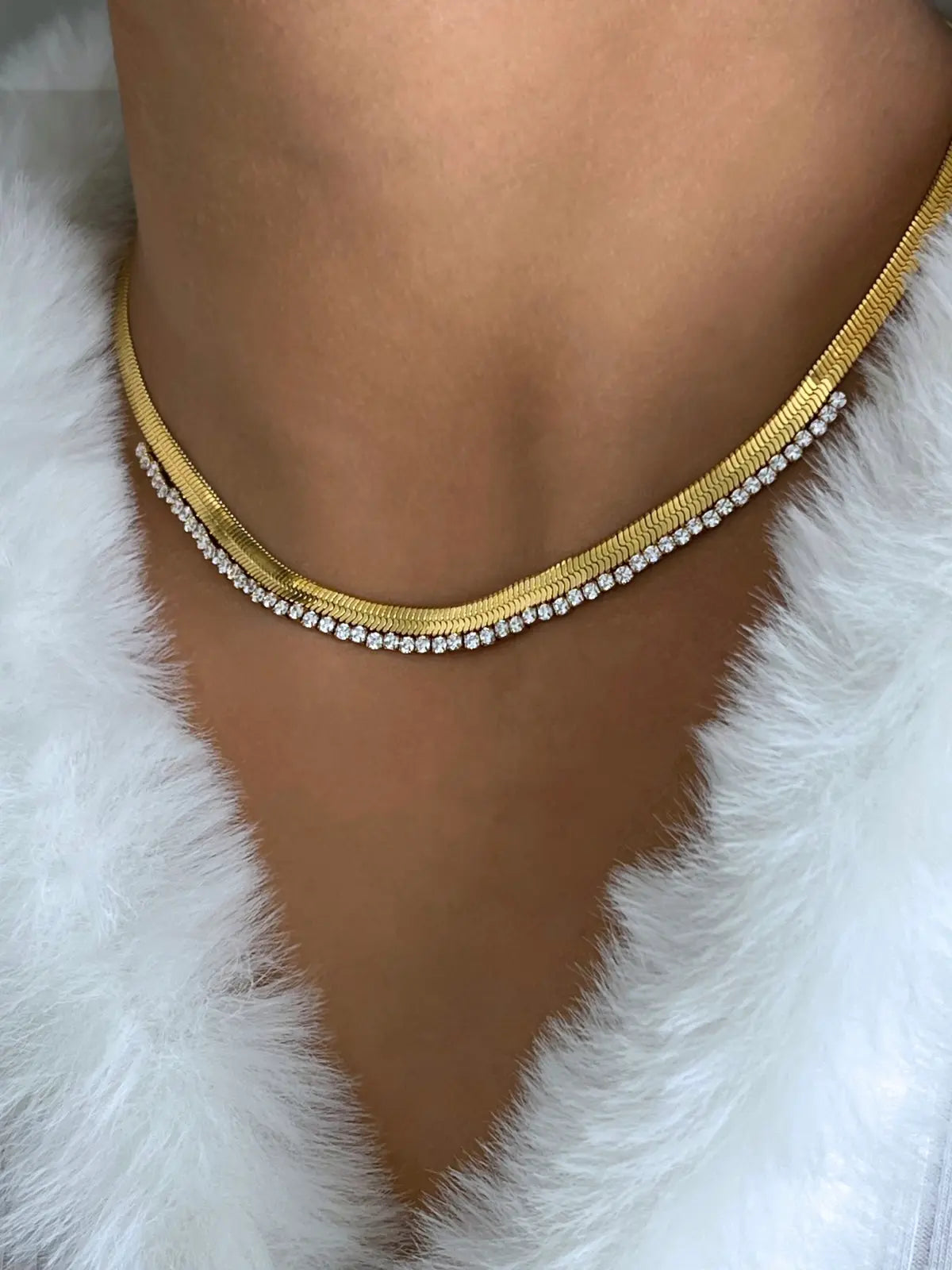 Snake Chain Necklace worn around neck — 18K gold-plated stainless steel & cubic zirconia by Shine With Me, chain length 40 cm + 5 cm.