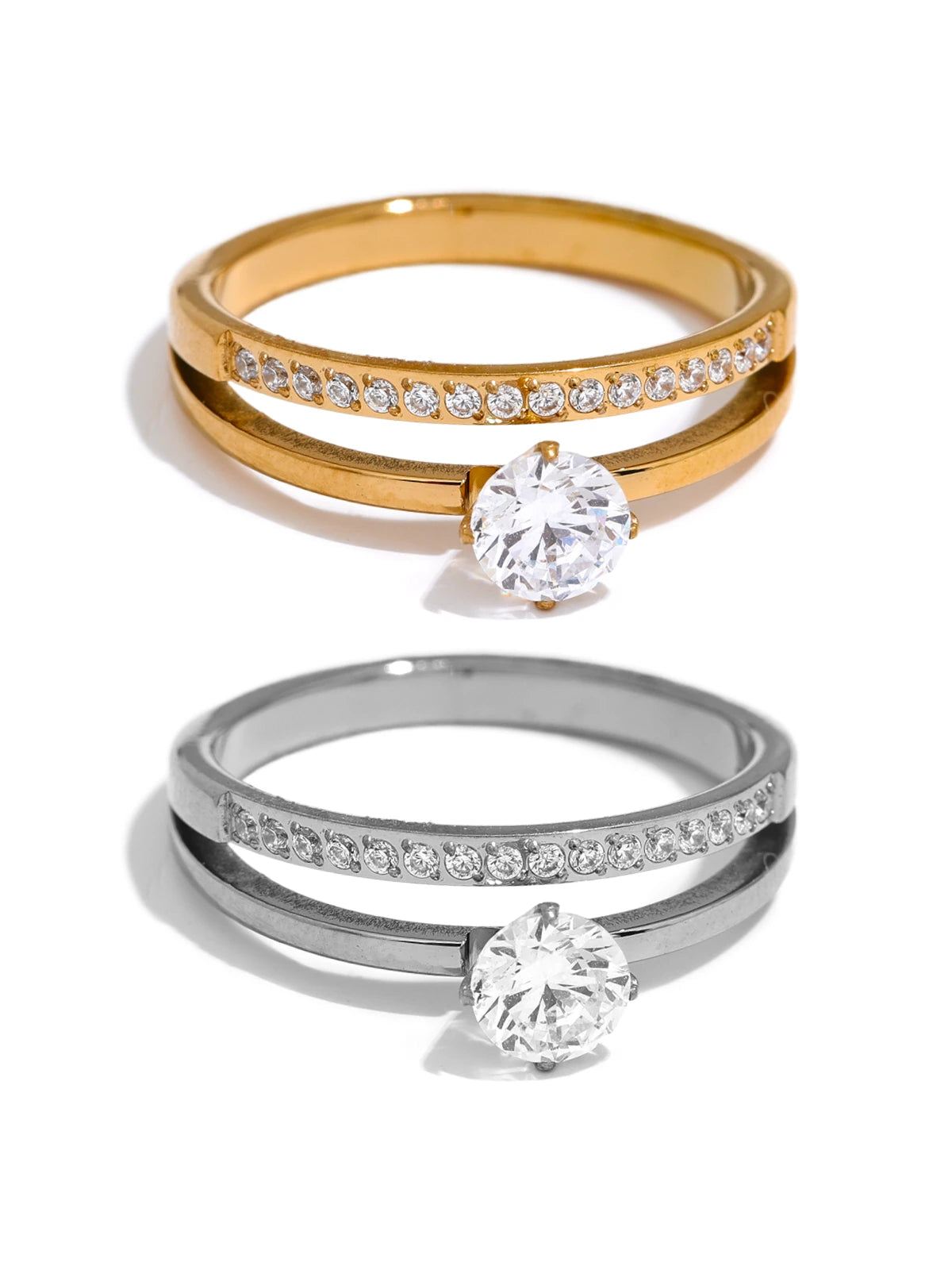 Sophisticate Ring – Front View-Two diamond rings, one gold and one silver, on a white background