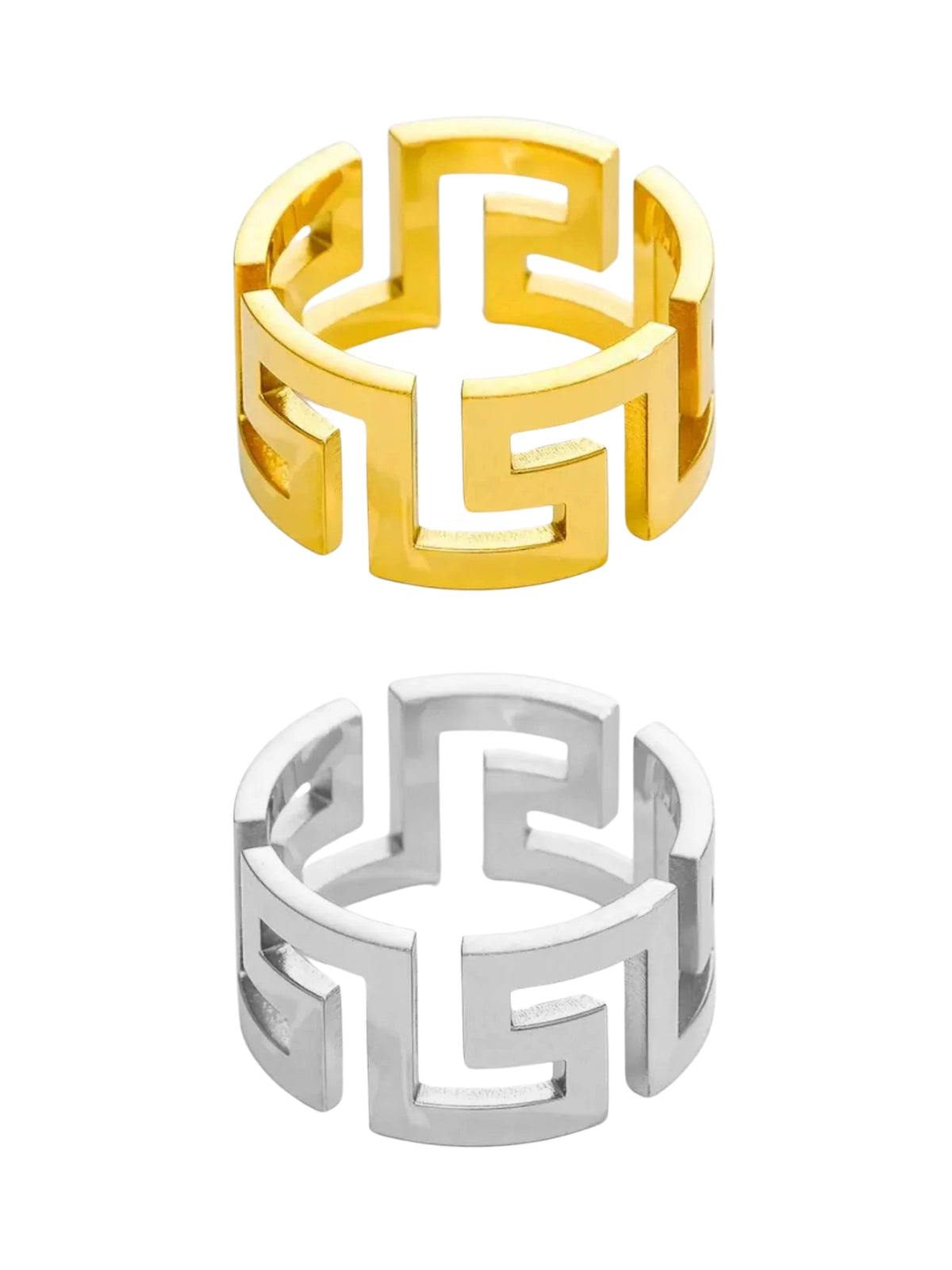 Soulband Ring luxury 18K gold‑plated stainless steel by Shine With Me, front view showing sleek band design.-Gold and silver geometric ring designs on a white background