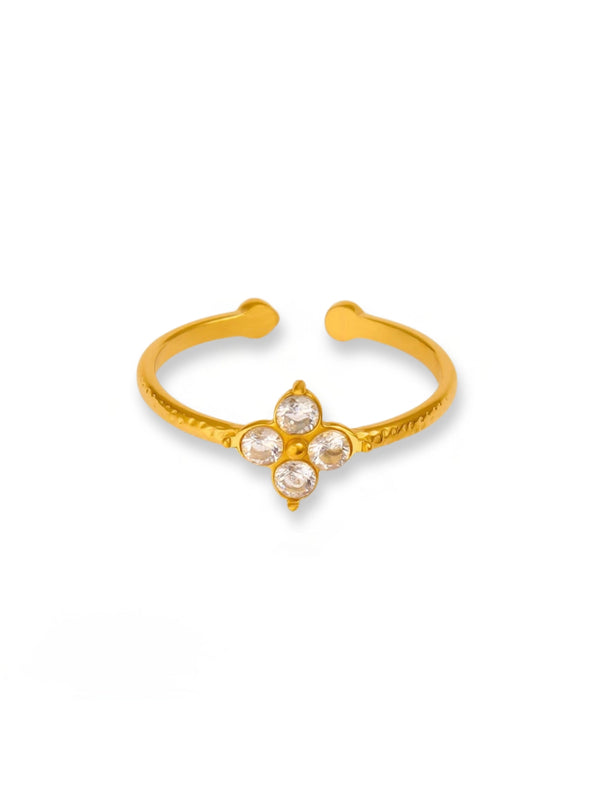 Stella Petal Ring luxury 18K gold-plated stainless steel & cubic zirconia by Shine With Me, front view showing petal-inspired design-Gold open ring with floral design and clear stones on a white background