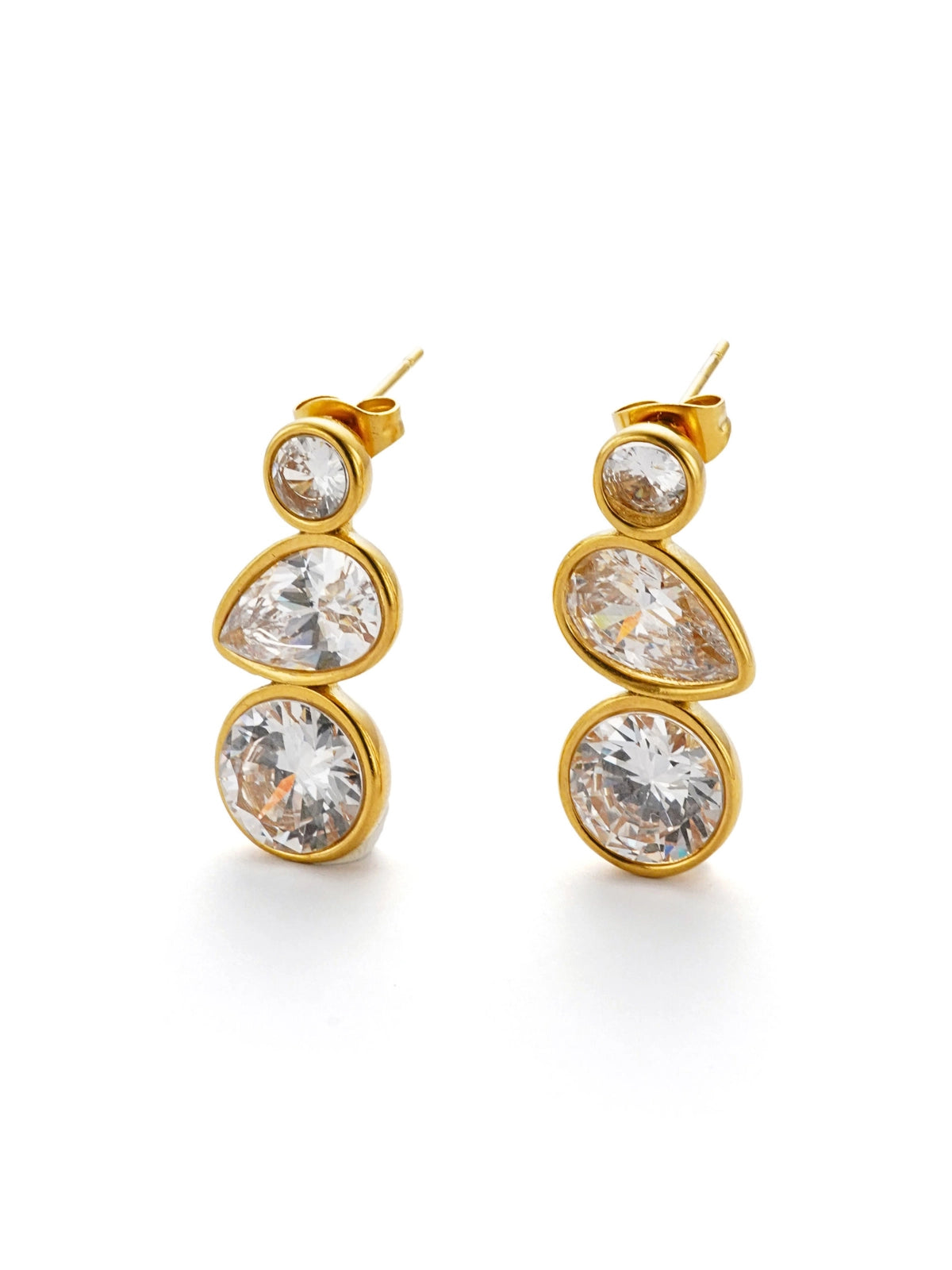 Syndra Earring luxury 18K gold-plated stainless steel earrings by Shine With Me, front view.