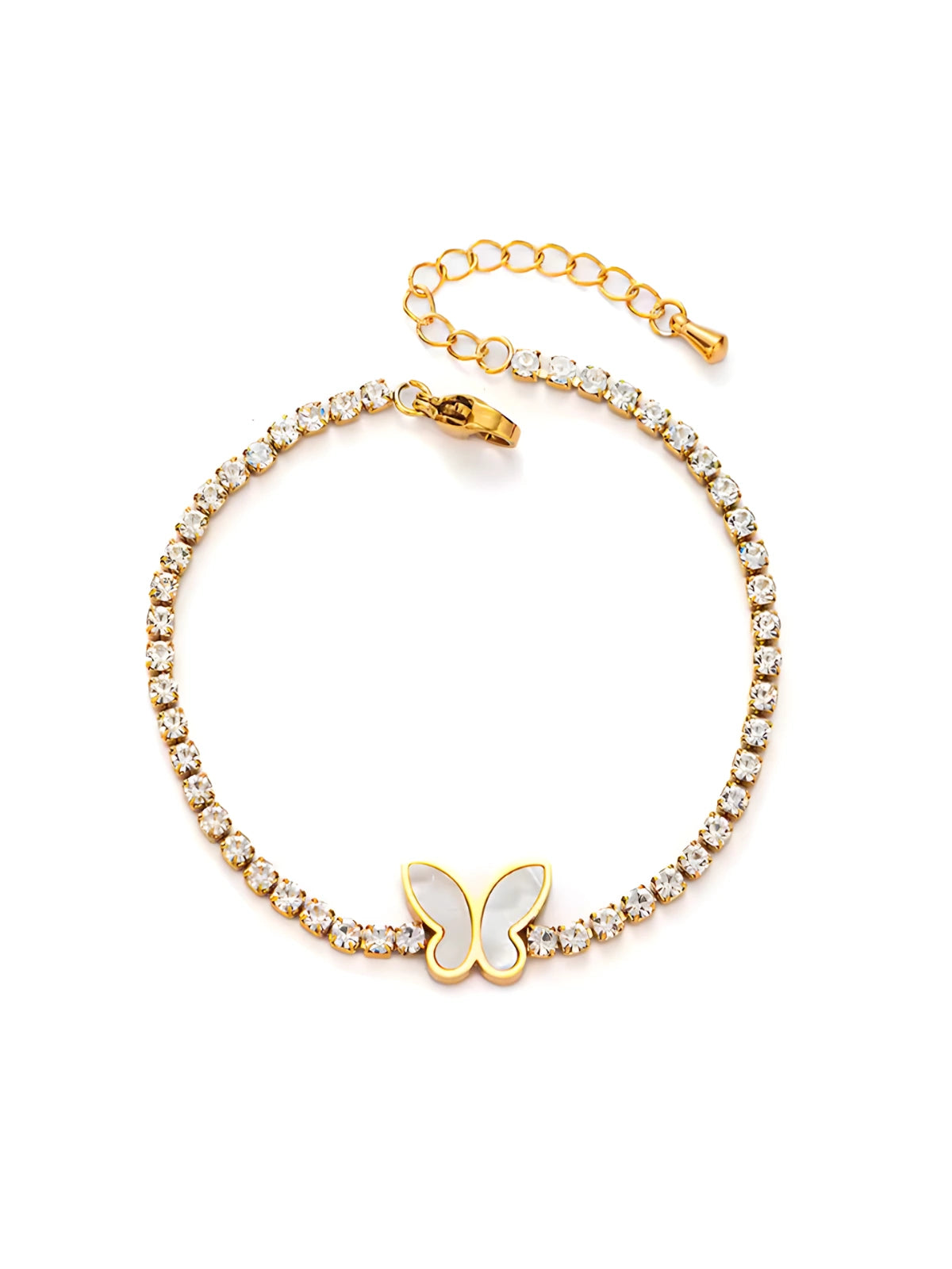 Velora Butterfly Bracelet luxury 18K gold-plated stainless steel bracelet by Shine With Me, front view showing butterfly motif.