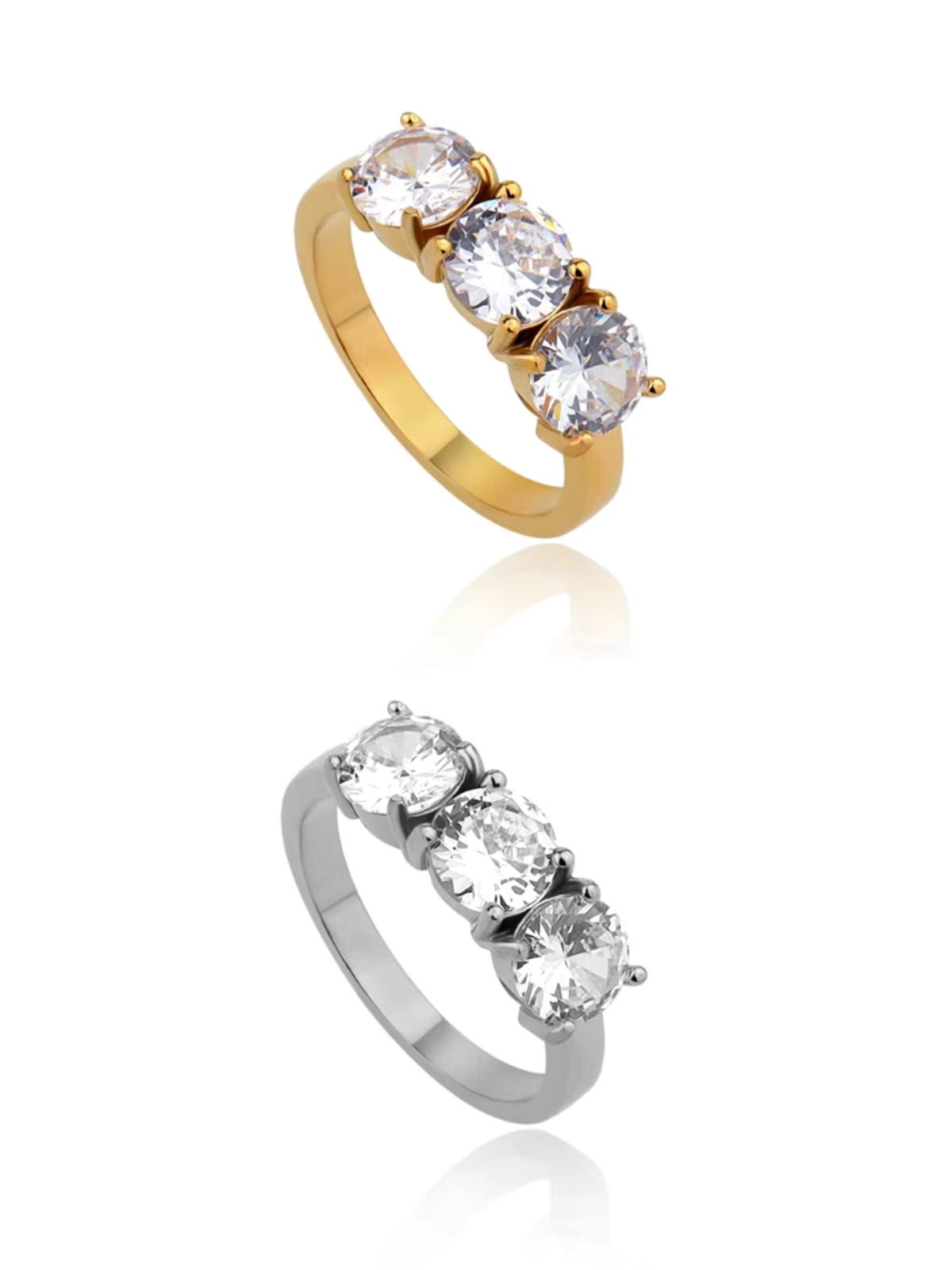 Victoria Ring luxury 18K gold‑plated stainless steel by Shine With Me, front view showing elegant band design-Gold and silver rings with clear gemstones on a white background.