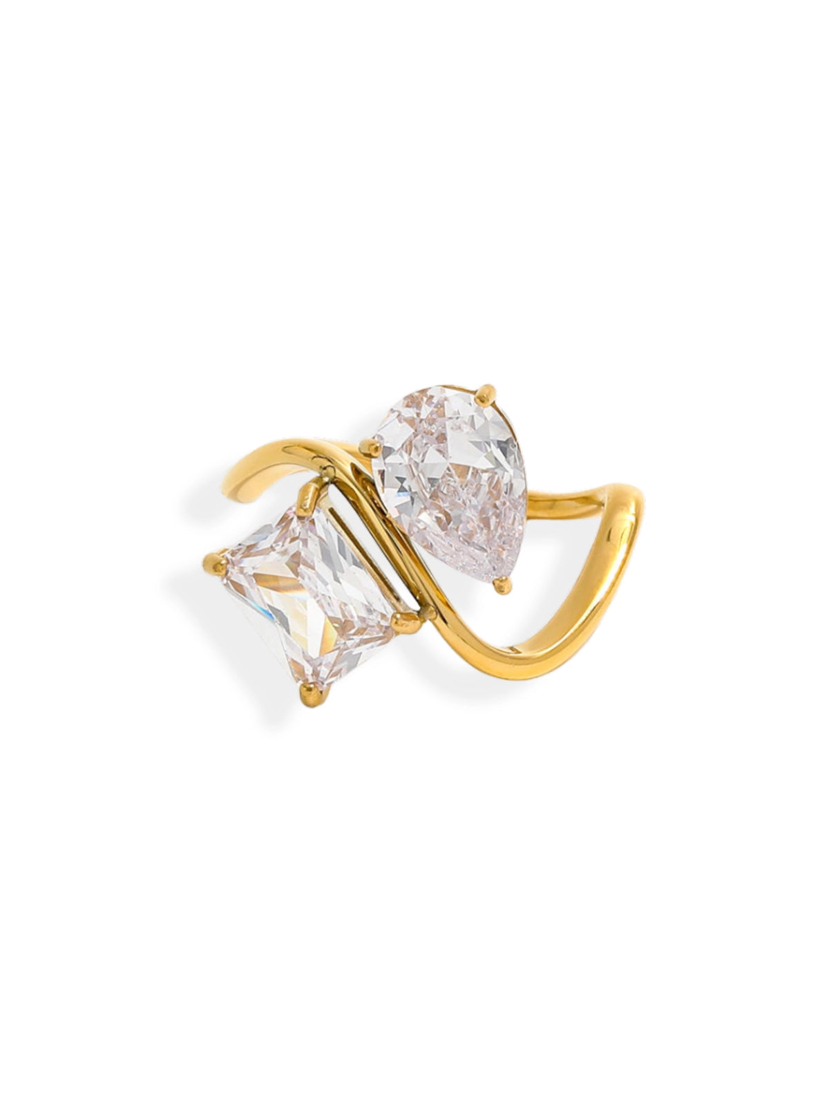 Water Drop Ring – Front View-Gold ring with two large clear gemstones on a white background