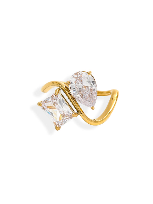 Water Drop Ring – Front View-Gold ring with two large clear gemstones on a white background