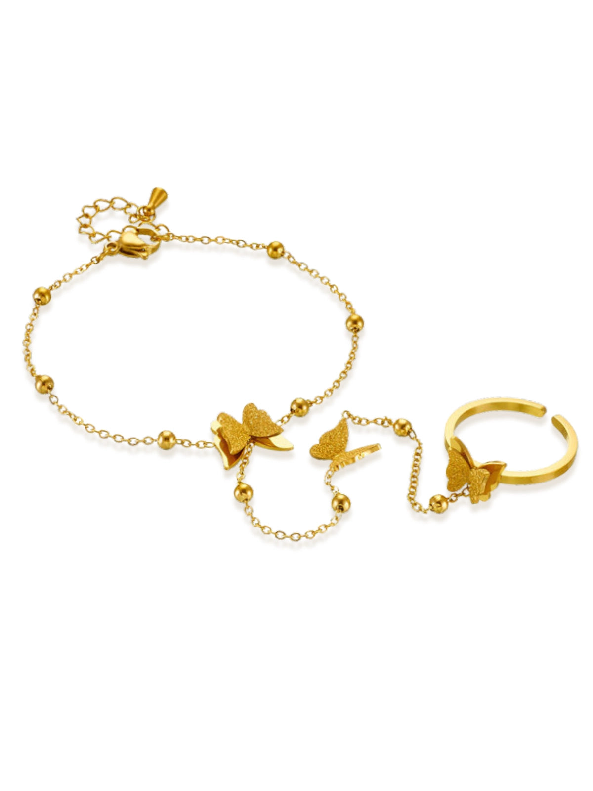 butterfly-hand-lace-front-view-shine-with-me-Gold bracelet and ring set with butterfly designs on a white background