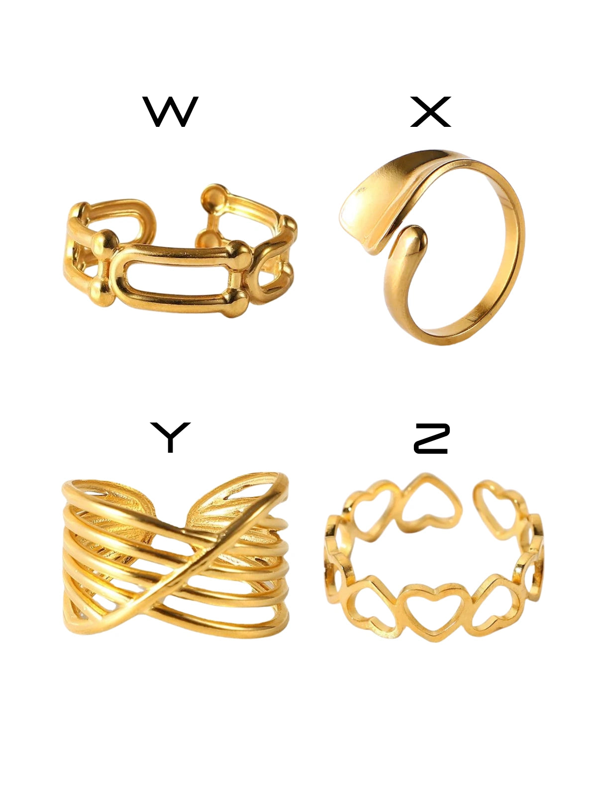 daily-rings-Four gold rings labeled W, X, Y, and Z on a white background