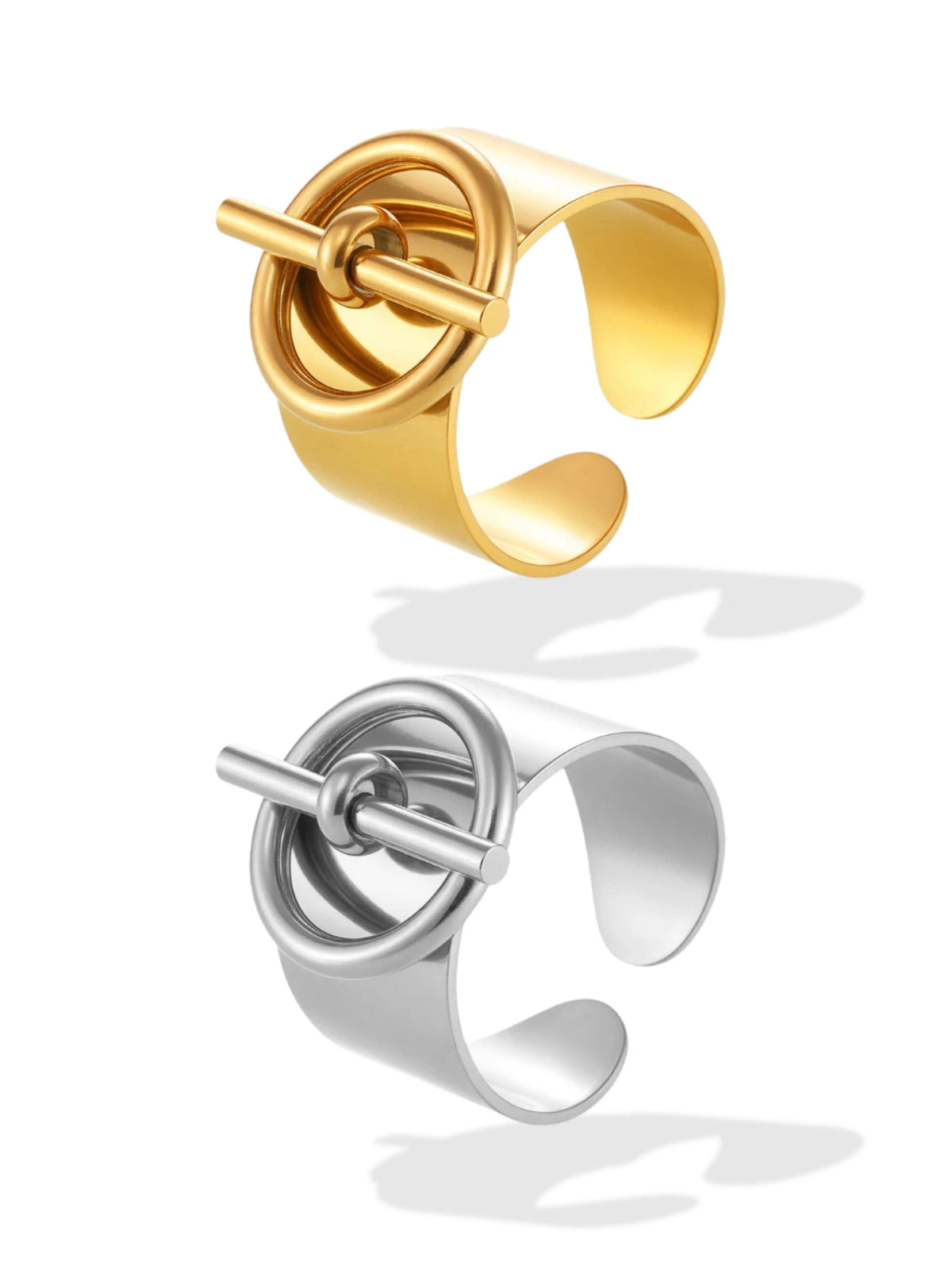dorian-belt-ring-front-view-shine-with-me-Gold and silver cuff earrings on a white background