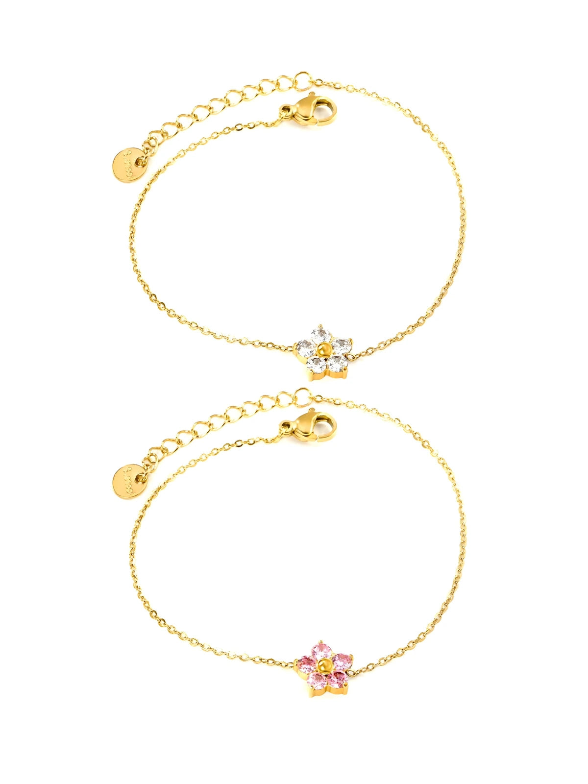 Shine With Me Hannah Bracelet gold plated elegant jewelry piece. Gold bracelet with a pink flower charm on a white background.