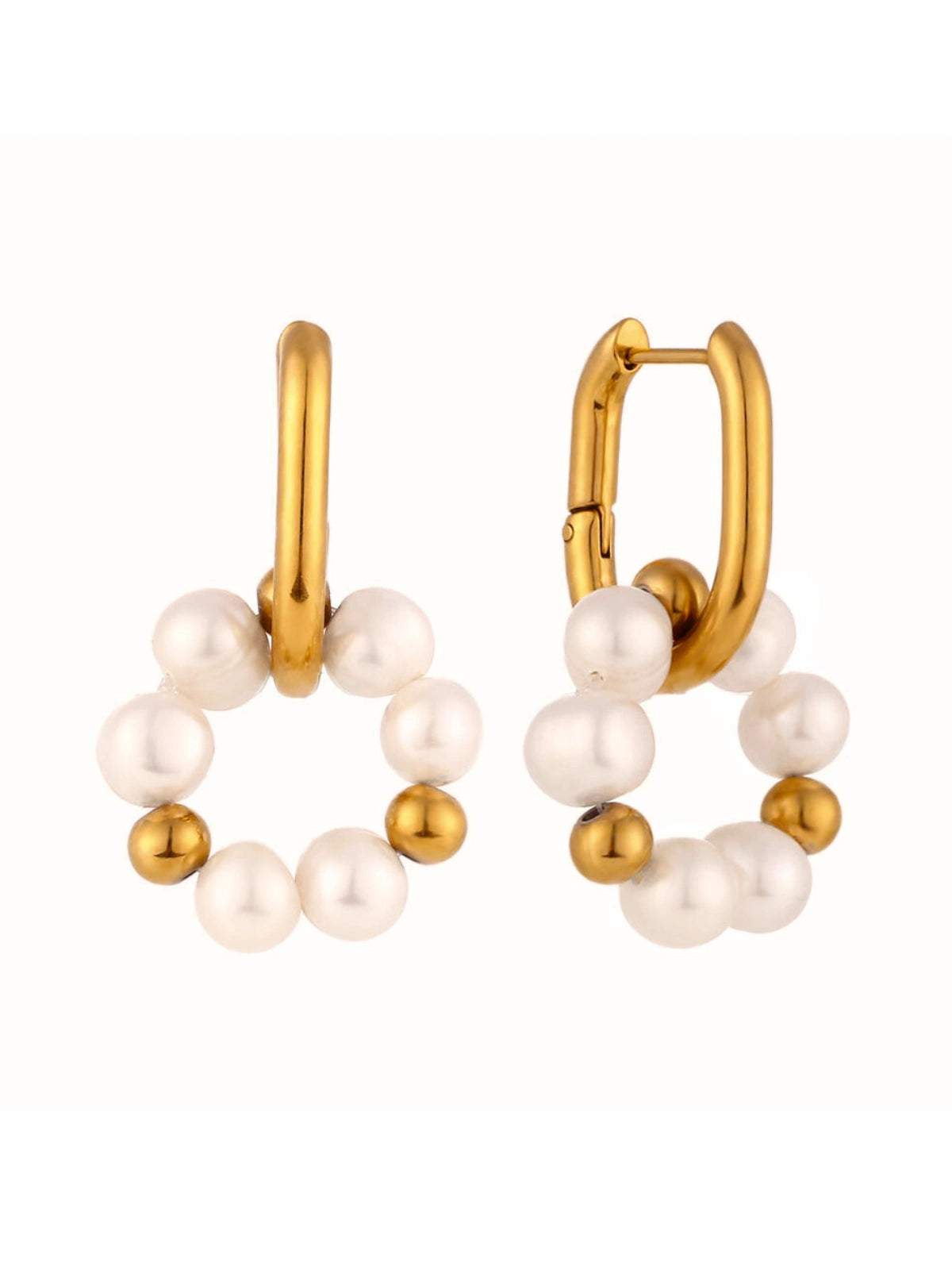 Pearl Dream Hoop luxury 18K gold‑plated stainless steel hoop earrings by Shine With Me, front view with freshwater pearl.